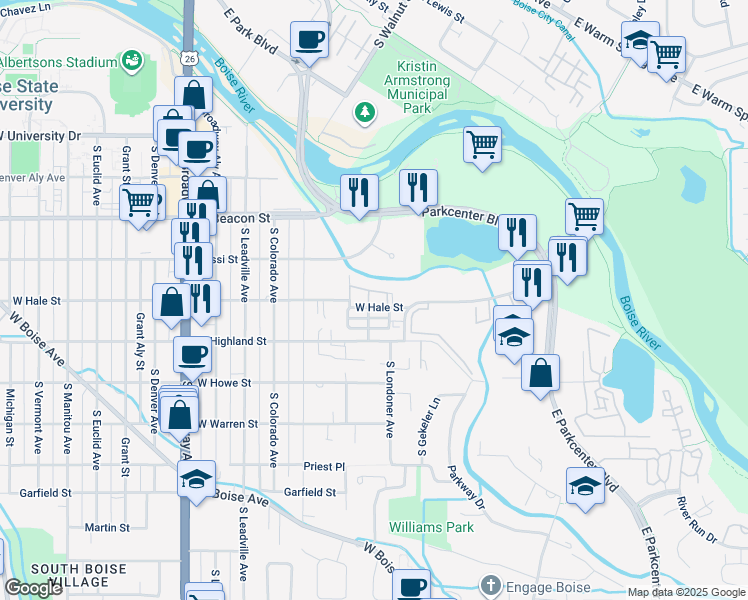 map of restaurants, bars, coffee shops, grocery stores, and more near 332 West Hale Street in Boise