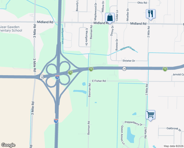 map of restaurants, bars, coffee shops, grocery stores, and more near 4965 Baxman Road in Bay City