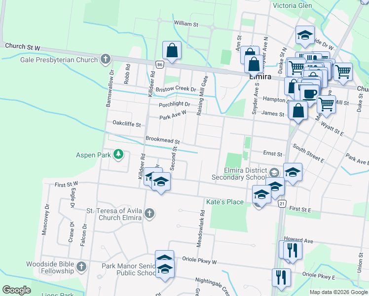 map of restaurants, bars, coffee shops, grocery stores, and more near 163 Brookmead Street in Elmira