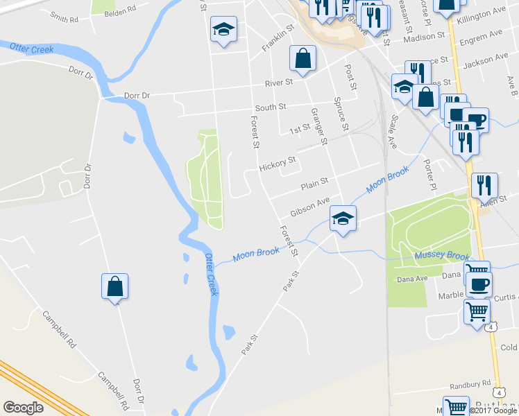 map of restaurants, bars, coffee shops, grocery stores, and more near 163 Forest Street in Rutland