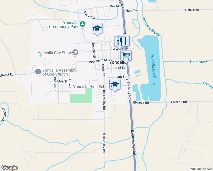 map of restaurants, bars, coffee shops, grocery stores, and more near 391 5th Street in Yoncalla