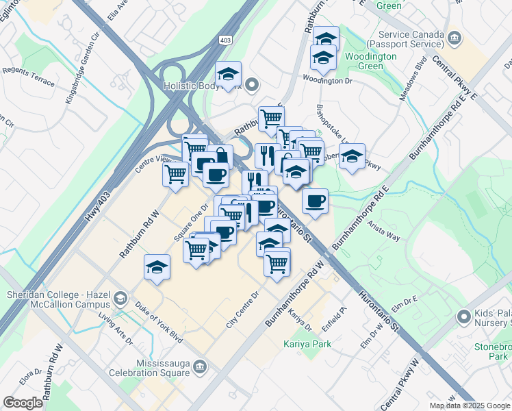 map of restaurants, bars, coffee shops, grocery stores, and more near 1 City Centre Drive in Mississauga
