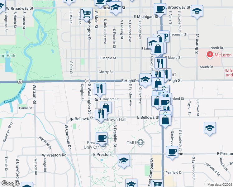 map of restaurants, bars, coffee shops, grocery stores, and more near 905 South Franklin Street in Mount Pleasant