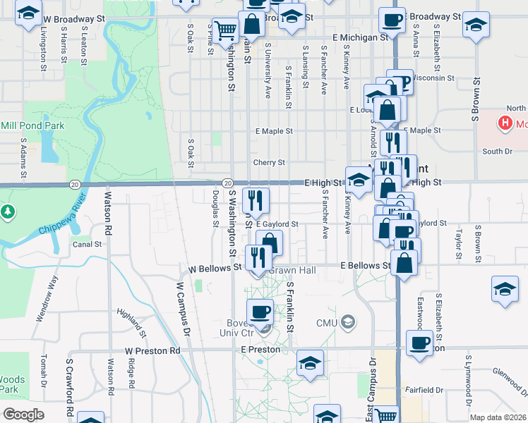 map of restaurants, bars, coffee shops, grocery stores, and more near 906 South University Street in Mount Pleasant