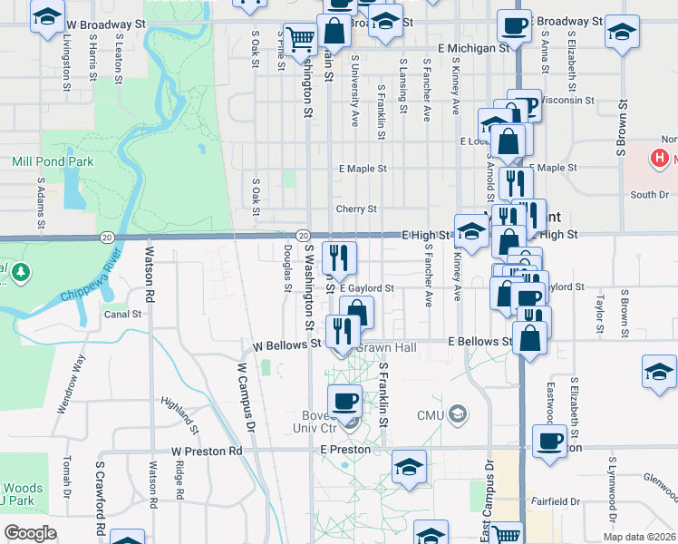 map of restaurants, bars, coffee shops, grocery stores, and more near 906 South University Street in Mount Pleasant