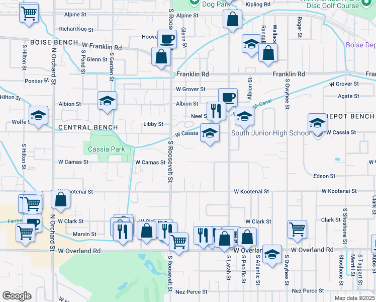 map of restaurants, bars, coffee shops, grocery stores, and more near 4013 Glencoe Place in Boise