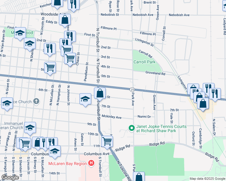 map of restaurants, bars, coffee shops, grocery stores, and more near 2130 Center Avenue in Bay City