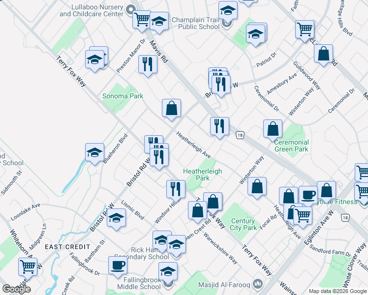 map of restaurants, bars, coffee shops, grocery stores, and more near 881 Oasis Drive in Mississauga