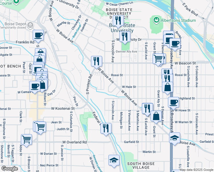 map of restaurants, bars, coffee shops, grocery stores, and more near 1650 Reinhart Drive in Boise