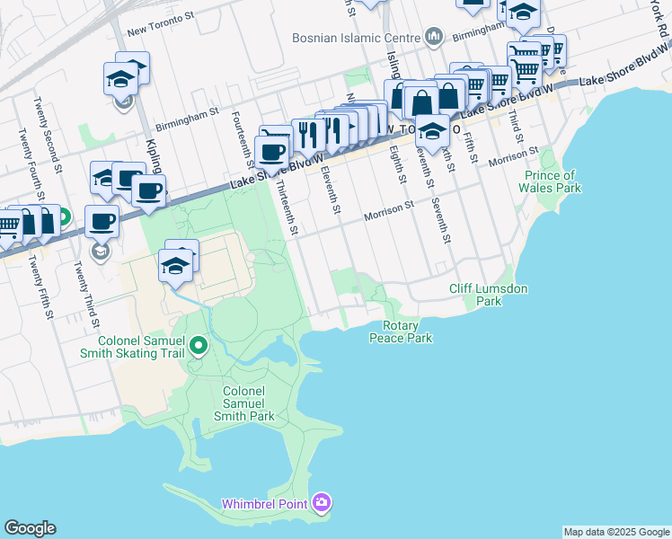 map of restaurants, bars, coffee shops, grocery stores, and more near 33 Twelfth Street in Toronto