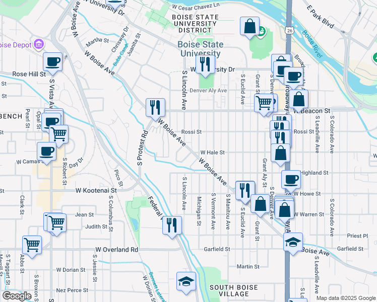 map of restaurants, bars, coffee shops, grocery stores, and more near 1615 West Boise Avenue in Boise