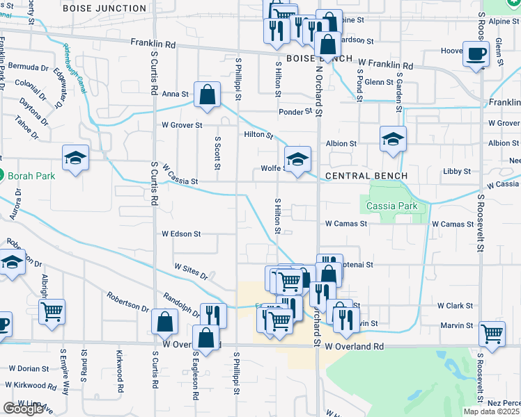 map of restaurants, bars, coffee shops, grocery stores, and more near 1001 South Hilton Street in Boise
