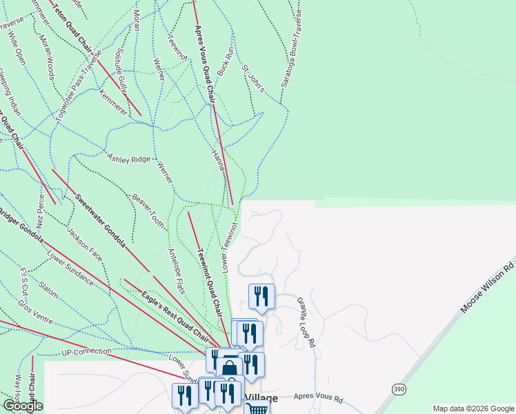 map of restaurants, bars, coffee shops, grocery stores, and more near 7970 North Granite Ridge Road in Teton Village
