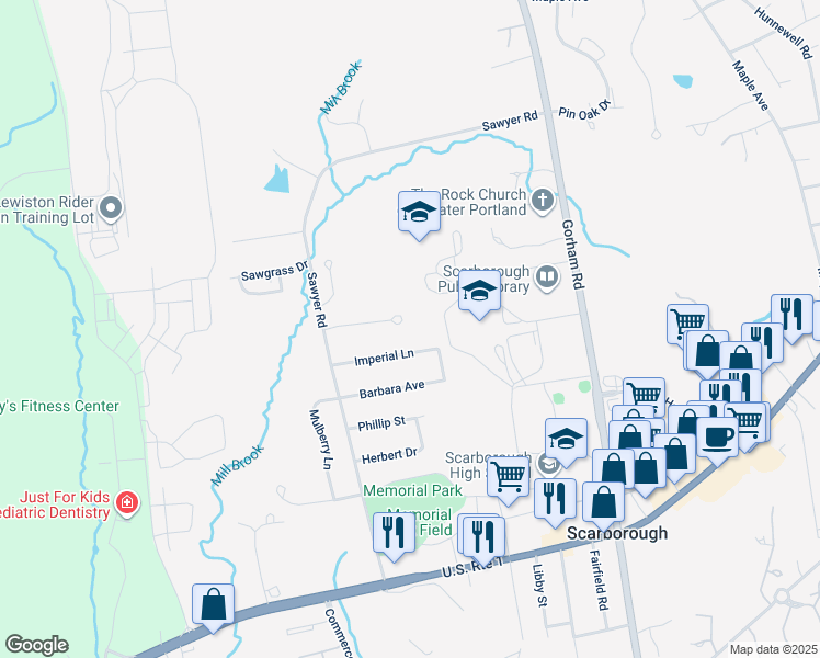 map of restaurants, bars, coffee shops, grocery stores, and more near 21 Sage Brush Drive in Scarborough