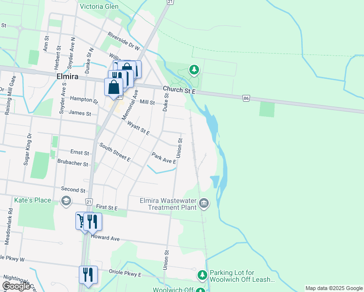 map of restaurants, bars, coffee shops, grocery stores, and more near 1 Union Street in Elmira
