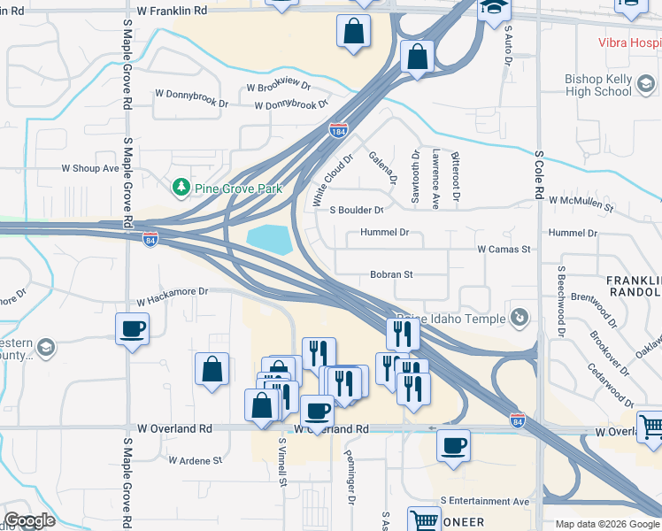 map of restaurants, bars, coffee shops, grocery stores, and more near 963 South Milwaukee Street in Boise