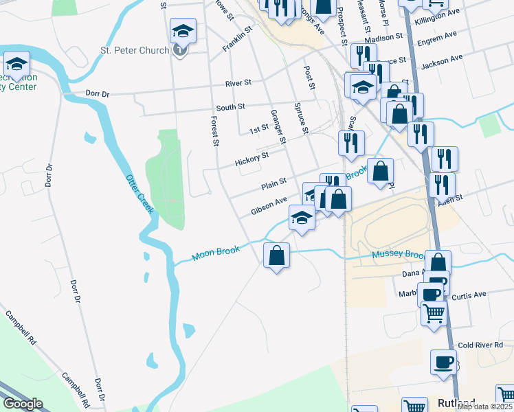 map of restaurants, bars, coffee shops, grocery stores, and more near 115 Gibson Avenue in Rutland