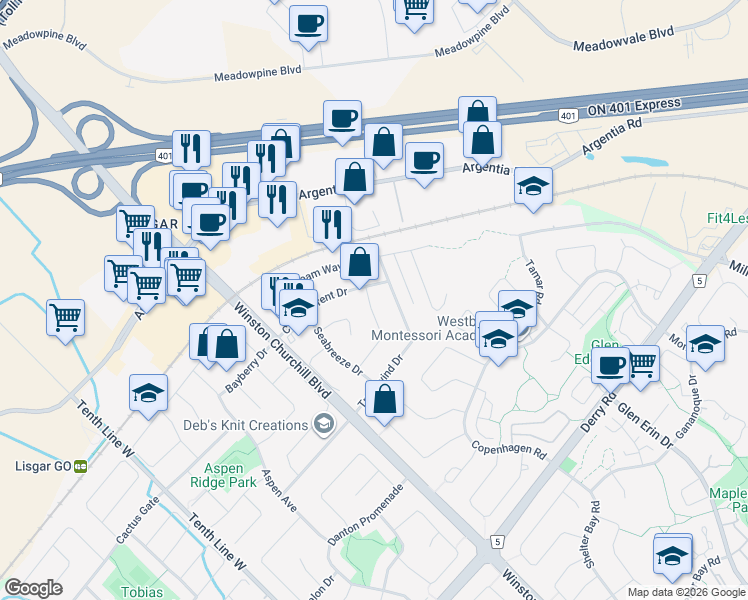 map of restaurants, bars, coffee shops, grocery stores, and more near 2871 Rainwater Drive in Mississauga