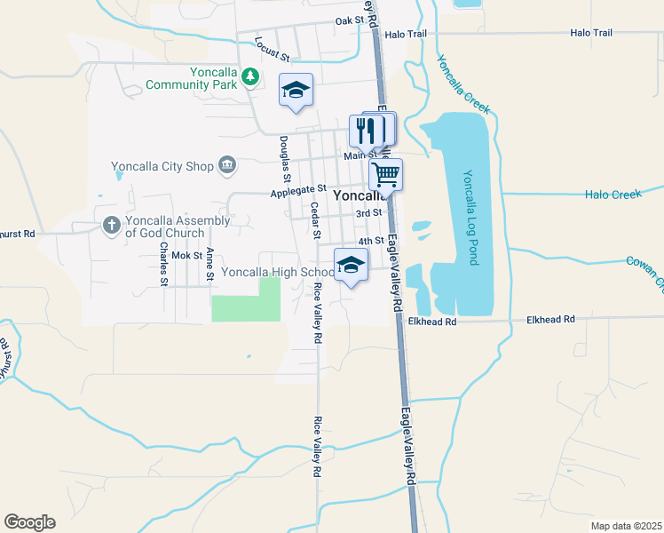 map of restaurants, bars, coffee shops, grocery stores, and more near 391 5th Street in Yoncalla
