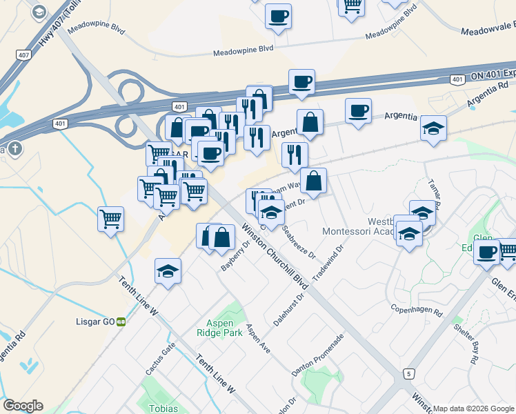 map of restaurants, bars, coffee shops, grocery stores, and more near 2988 Gulfstream Way in Mississauga