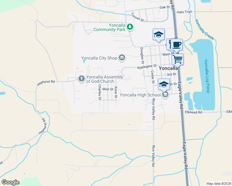 map of restaurants, bars, coffee shops, grocery stores, and more near Anne Street in Yoncalla