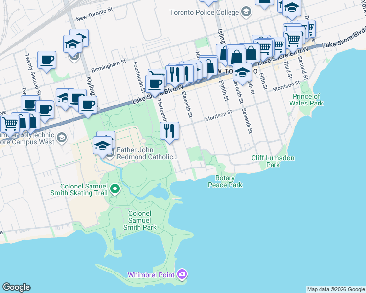 map of restaurants, bars, coffee shops, grocery stores, and more near 32 Twelfth Street in Toronto