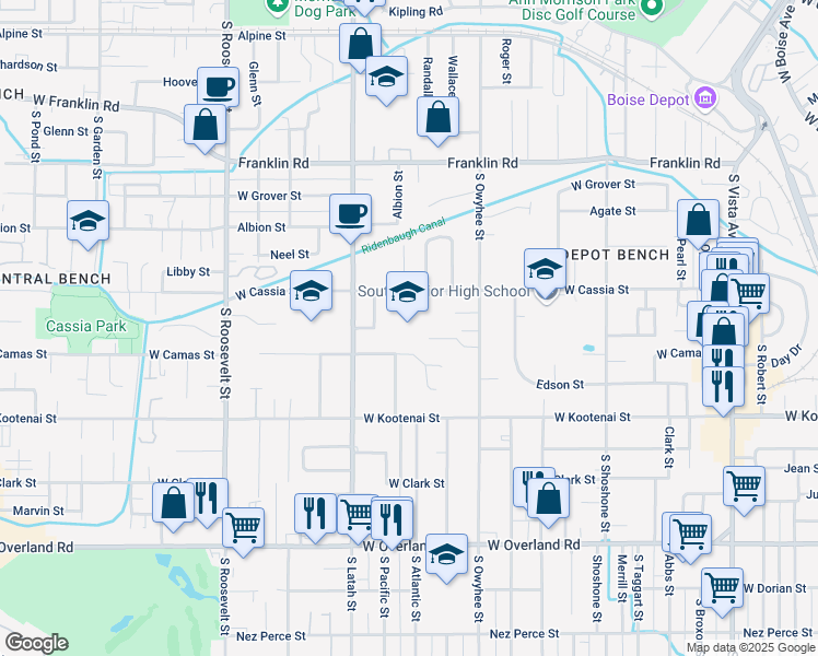 map of restaurants, bars, coffee shops, grocery stores, and more near 3615 Cassia Street in Boise