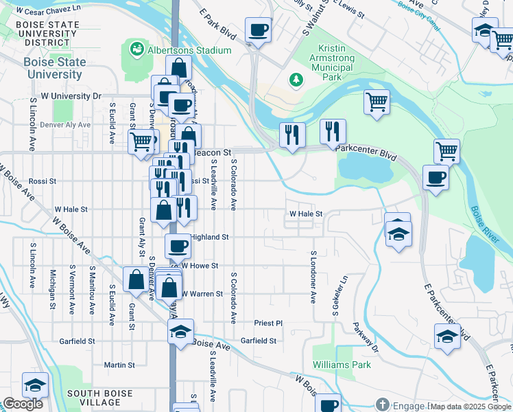 map of restaurants, bars, coffee shops, grocery stores, and more near 1398 Division Avenue in Boise