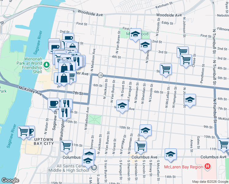 map of restaurants, bars, coffee shops, grocery stores, and more near 610 North Van Buren Street in Bay City