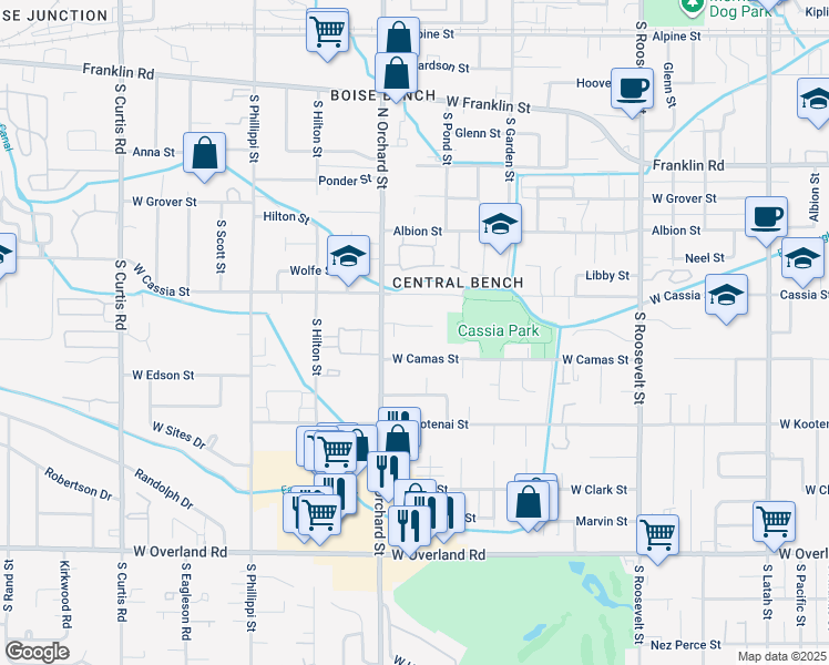 map of restaurants, bars, coffee shops, grocery stores, and more near 4875 Blaser Circle in Boise