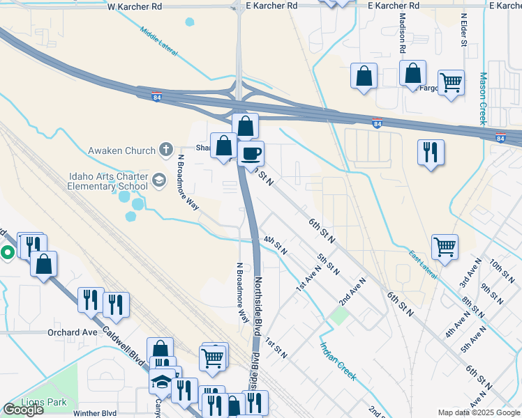 map of restaurants, bars, coffee shops, grocery stores, and more near 15 5th Street North in Nampa