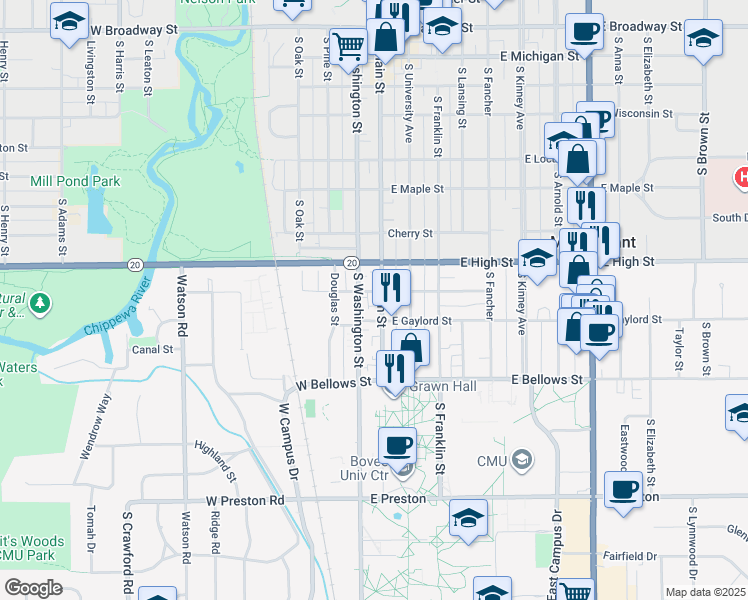 map of restaurants, bars, coffee shops, grocery stores, and more near 906 South Main Street in Mount Pleasant