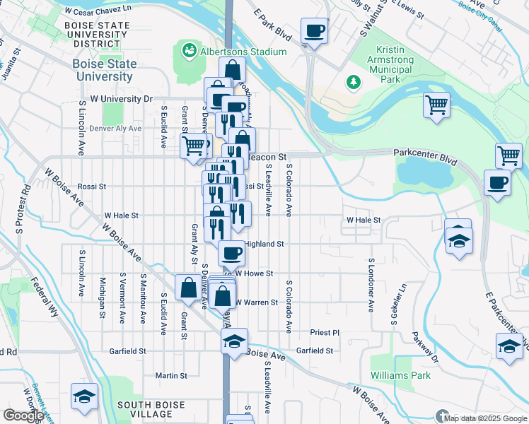 map of restaurants, bars, coffee shops, grocery stores, and more near 1327 South Leadville Avenue in Boise