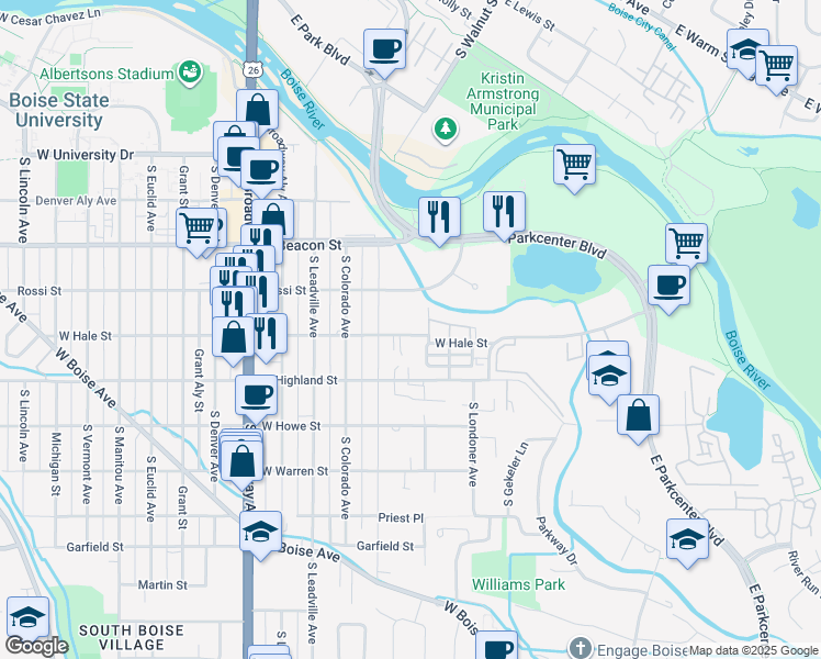 map of restaurants, bars, coffee shops, grocery stores, and more near 500 West Hale Street in Boise