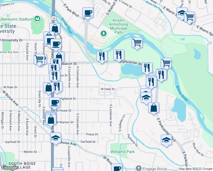 map of restaurants, bars, coffee shops, grocery stores, and more near 332 West Hale Street in Boise