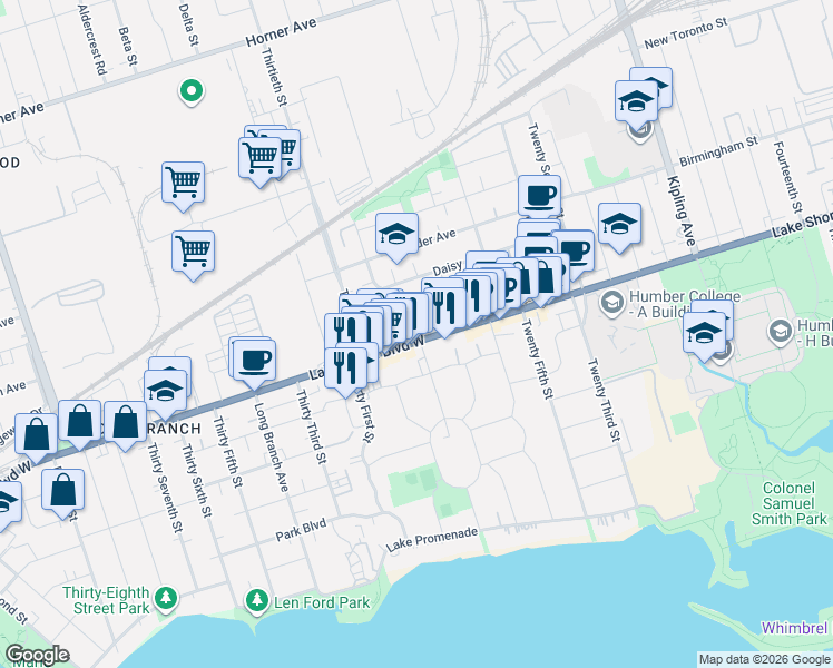 map of restaurants, bars, coffee shops, grocery stores, and more near 3400 Lake Shore Boulevard West in Toronto