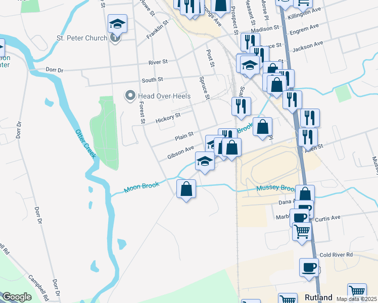 map of restaurants, bars, coffee shops, grocery stores, and more near 100 Gibson Avenue in Rutland