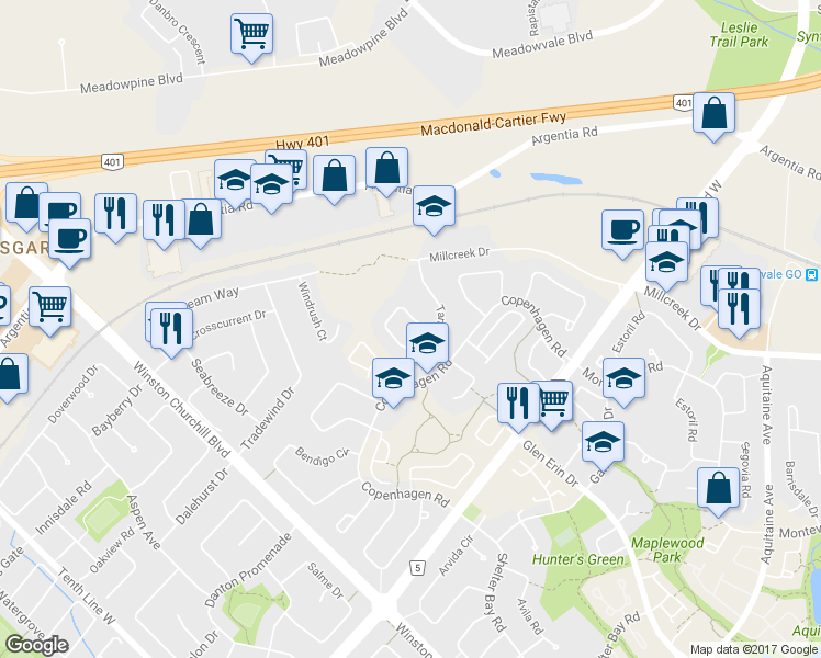 map of restaurants, bars, coffee shops, grocery stores, and more near 7259 Ridgeland Crescent in Mississauga