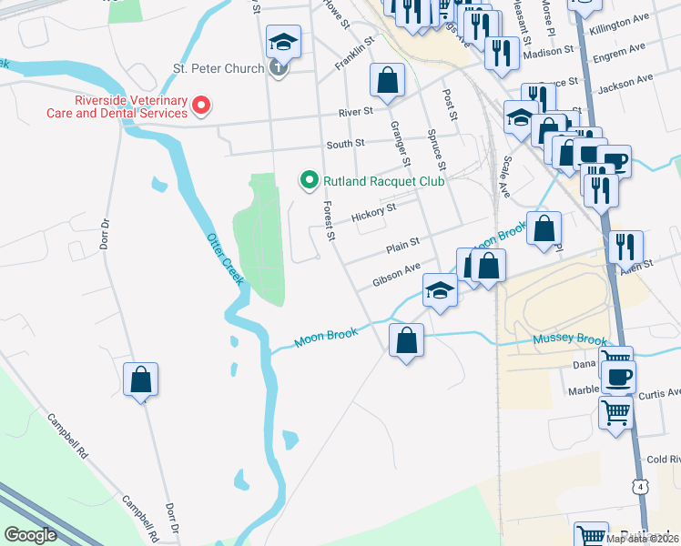 map of restaurants, bars, coffee shops, grocery stores, and more near 161 Forest Street in Rutland