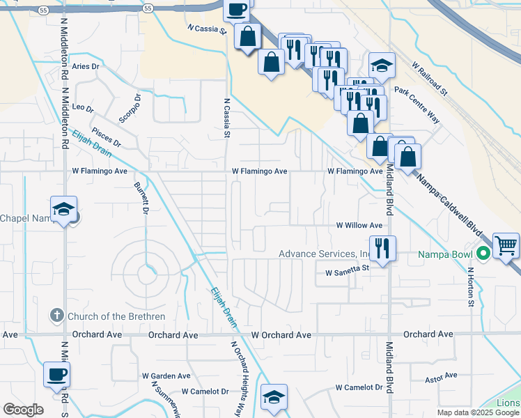 map of restaurants, bars, coffee shops, grocery stores, and more near 1304 Eldoran Drive in Nampa
