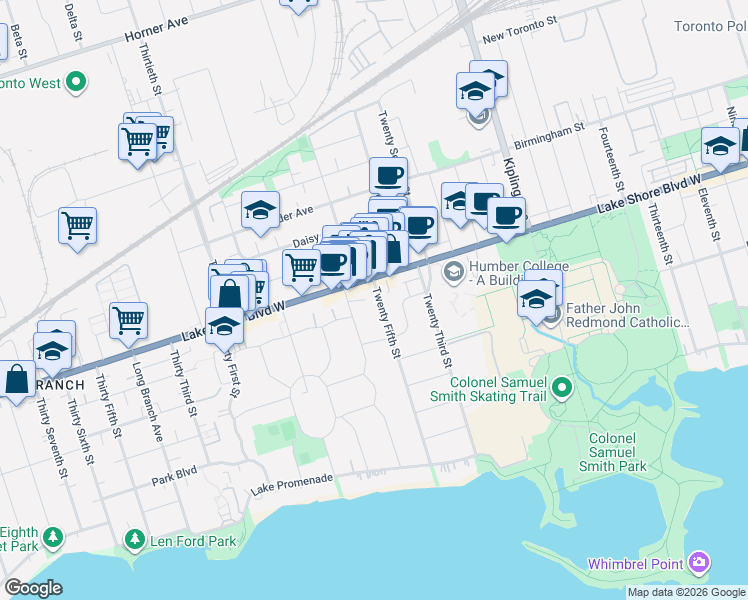 map of restaurants, bars, coffee shops, grocery stores, and more near 100 Twenty Fifth Street in Toronto