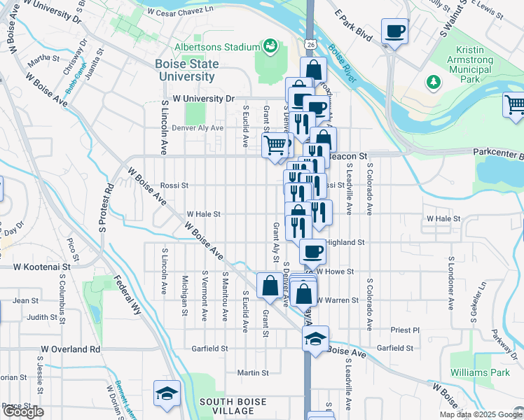map of restaurants, bars, coffee shops, grocery stores, and more near 1202 West Hale Street in Boise