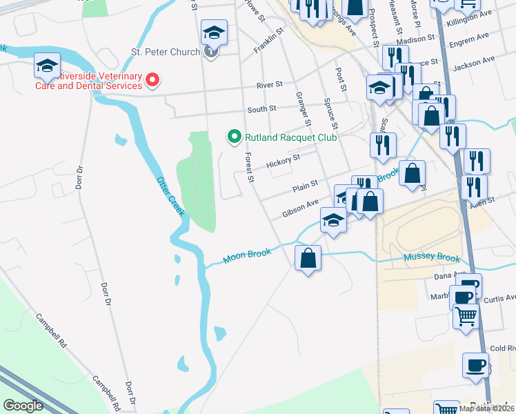 map of restaurants, bars, coffee shops, grocery stores, and more near 161 Forest Street in Rutland