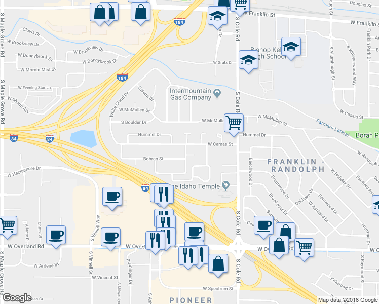 map of restaurants, bars, coffee shops, grocery stores, and more near 7712 Bobran Court in Boise