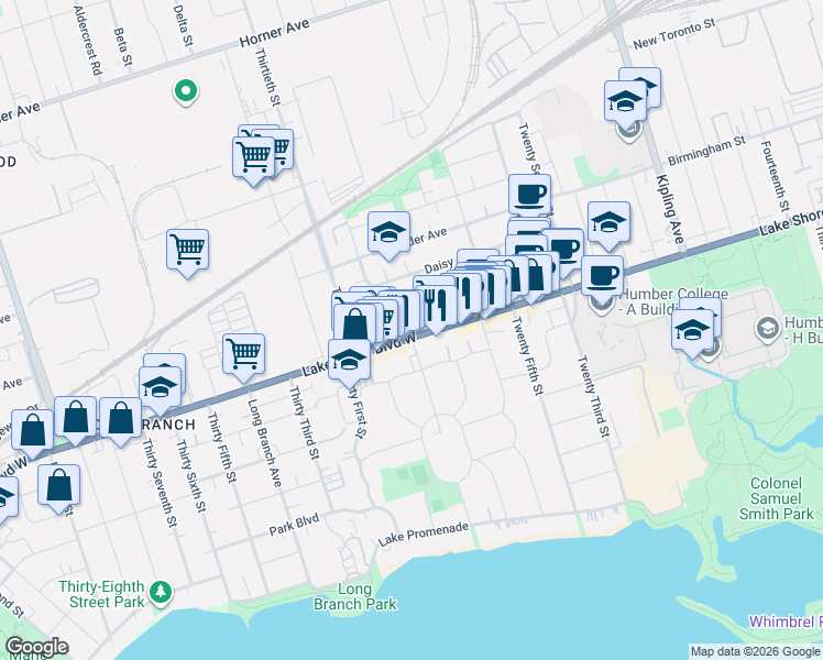 map of restaurants, bars, coffee shops, grocery stores, and more near 3400 Lake Shore Boulevard West in Toronto