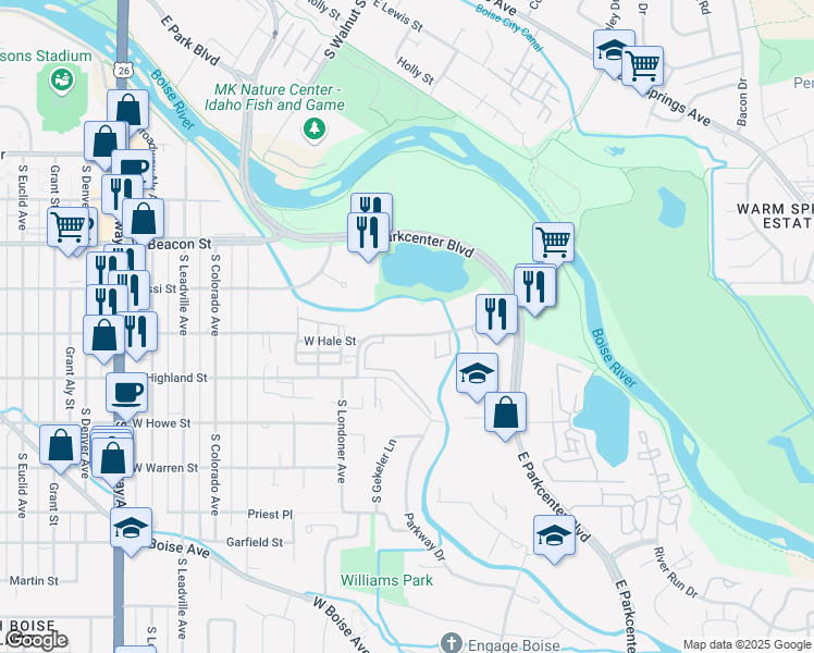 map of restaurants, bars, coffee shops, grocery stores, and more near 128 East Mallard Drive in Boise