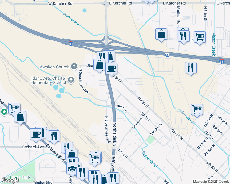 map of restaurants, bars, coffee shops, grocery stores, and more near 15 5th Street North in Nampa