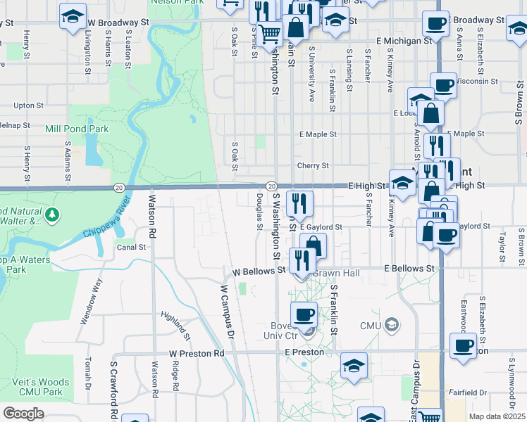 map of restaurants, bars, coffee shops, grocery stores, and more near 215 West May Street in Mount Pleasant