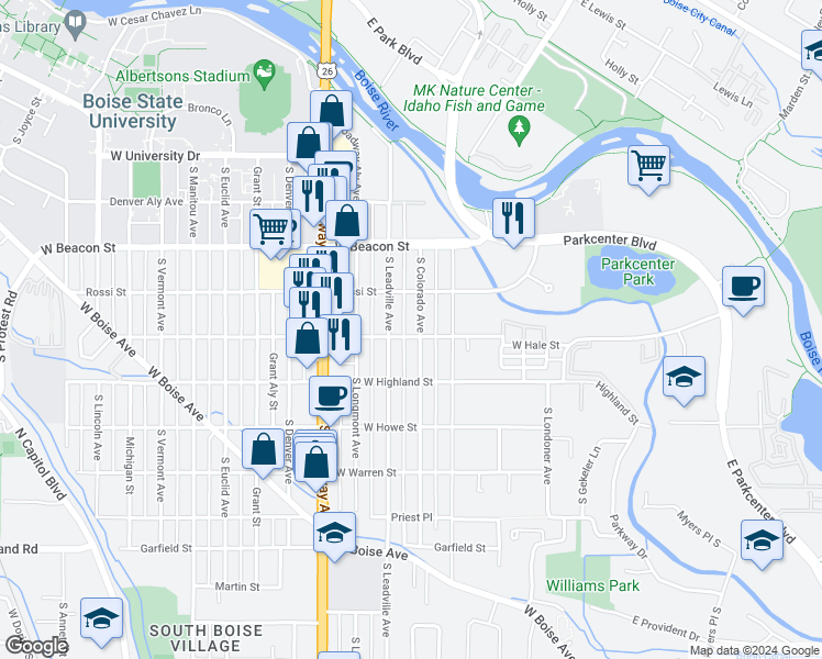 map of restaurants, bars, coffee shops, grocery stores, and more near 1331 South Colorado Avenue in Boise