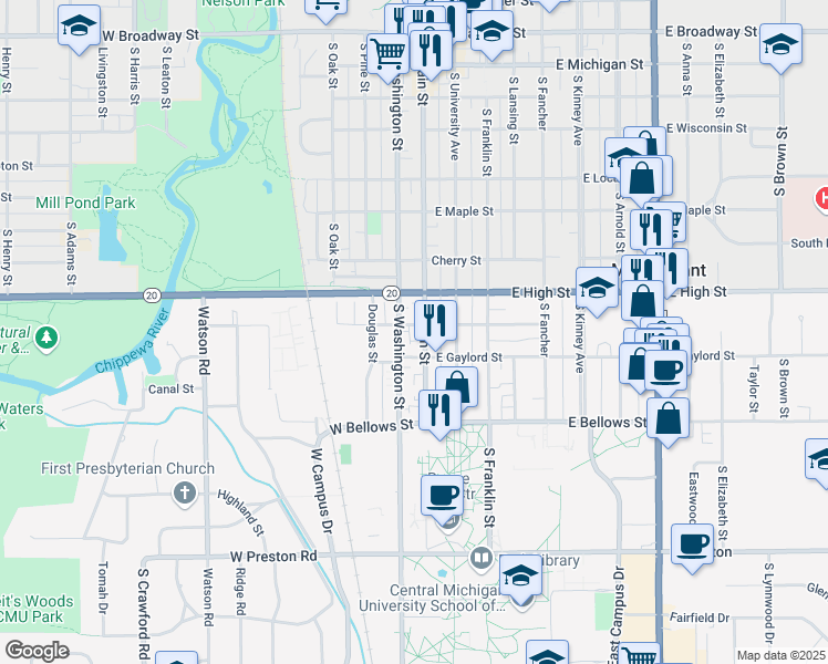 map of restaurants, bars, coffee shops, grocery stores, and more near 906 South Main Street in Mount Pleasant